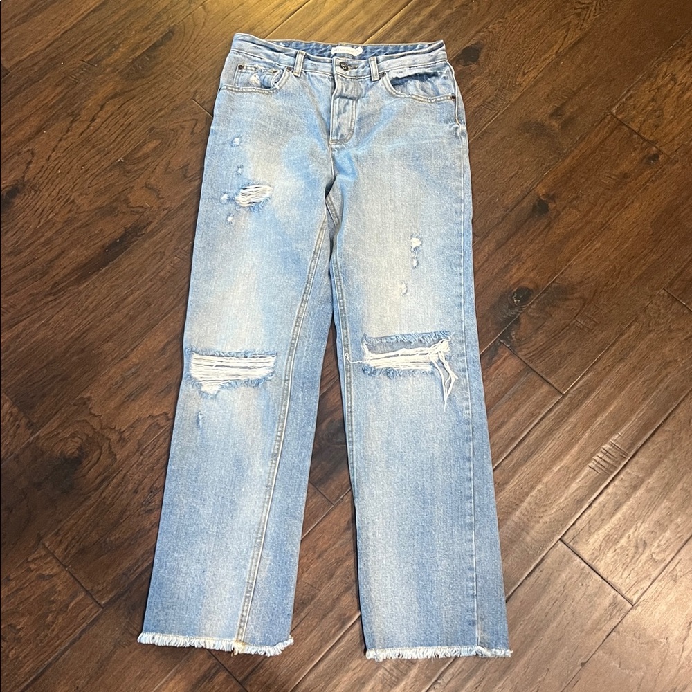 Avec Les Filles 80754 Womens Straight Light Wash Distressed Raw Hem Jeans 26